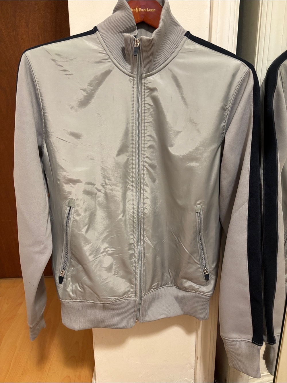 GAP Light Gray Track Jacket with Black Shoulder Stripes